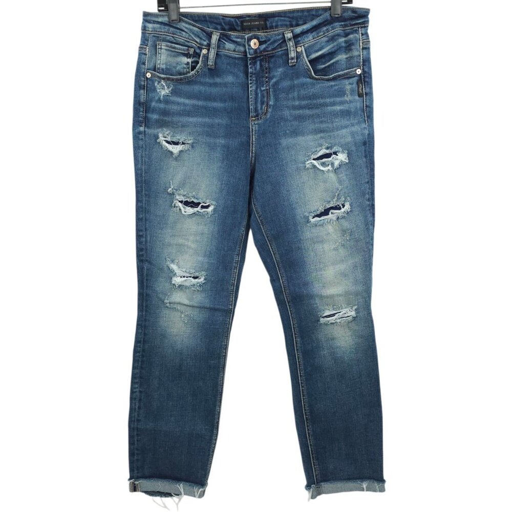 Silver Jeans Beau Denim Distressed Ripped Womens 31x28 Mid Rise Cuffed Hem